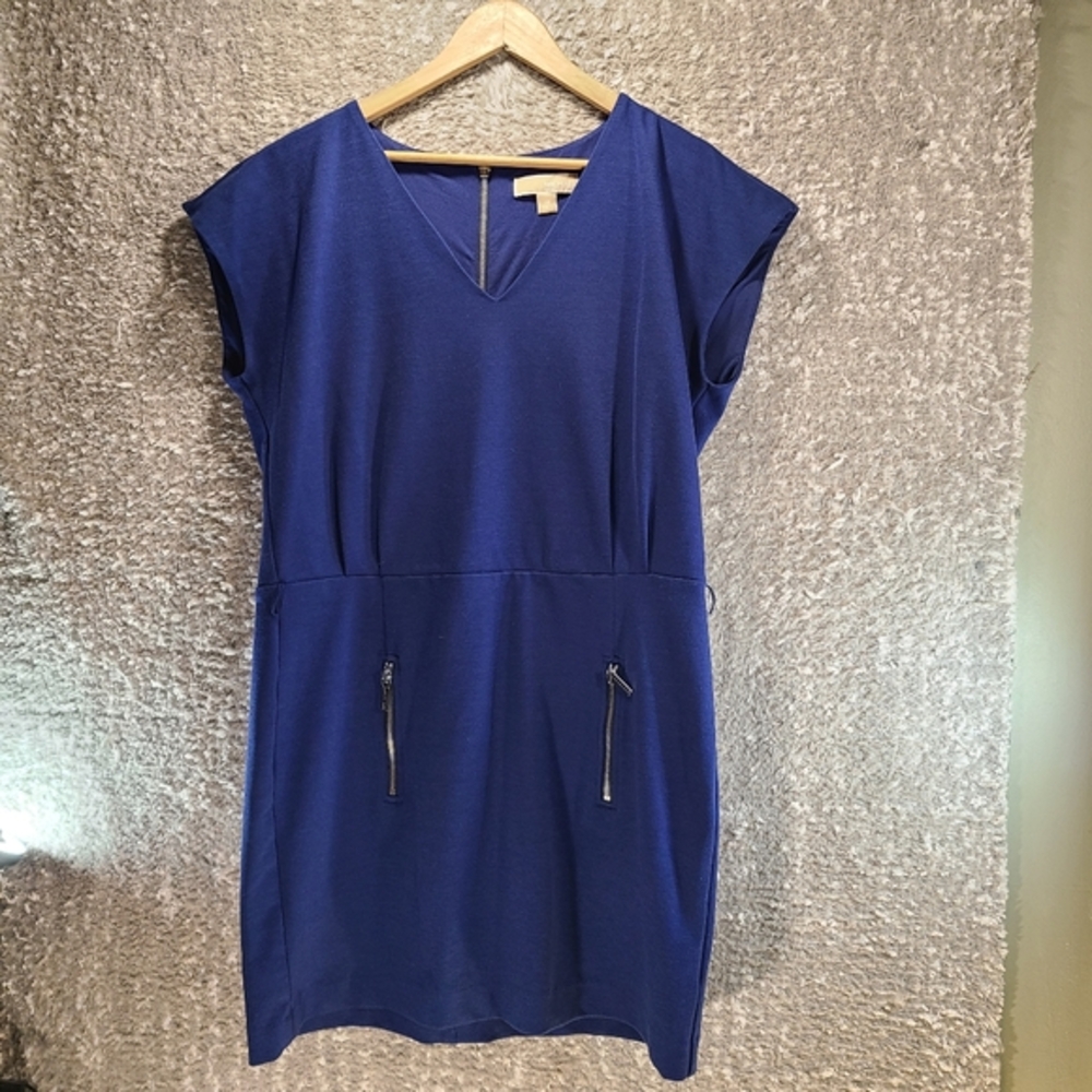 Michael Kors Blue V-neck Back Zip Sleeveless Pencil Dress Size 14 Polyester Rayo
